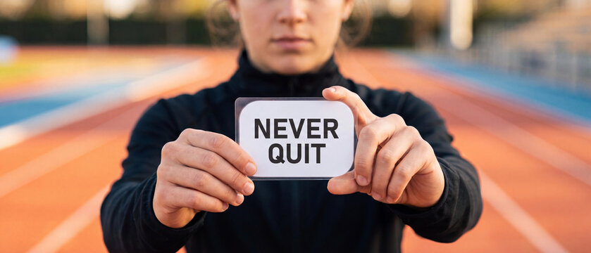 Closeup of a determined athlete holding a sign with the words never quit, standing on a running track at sunset