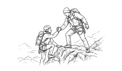 Obraz premium Hand Drawn Mountain Climbers Sketch Vector Teamwork and Partnership Illustration