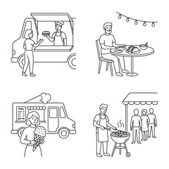 Obraz premium Set of line art social food scenes with street vendor, outdoor dining, ice cream service, and barbecue gathering, lifestyle illustration