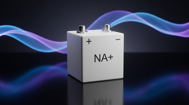 Sodium ion battery with abstract flowing energy waves on a dark reflective background. Concept of renewable electricity, energy storage systems and sustainable battery technology