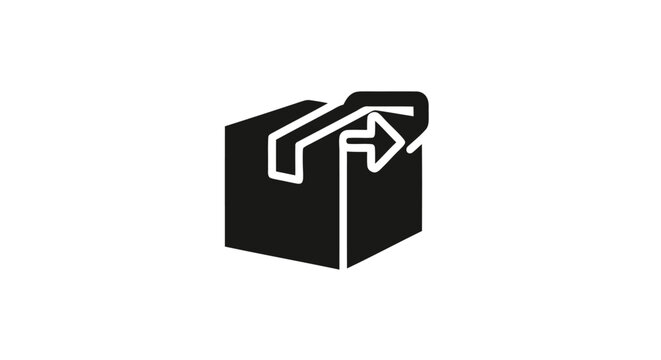 Editorial icon showing a black cardboard box with a white return arrow for logistics and e-commerce return processes