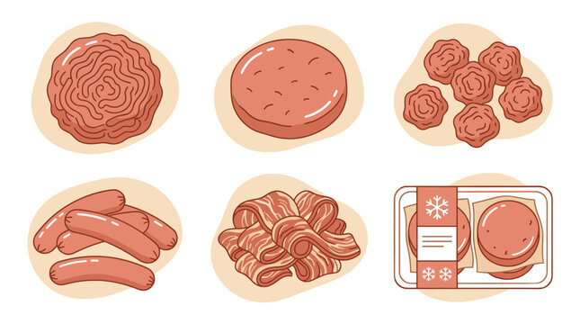 Set of raw meat products including minced beef, burger patty, meatballs, sausages, and bacon, perfect for menu design or food marketing imagery