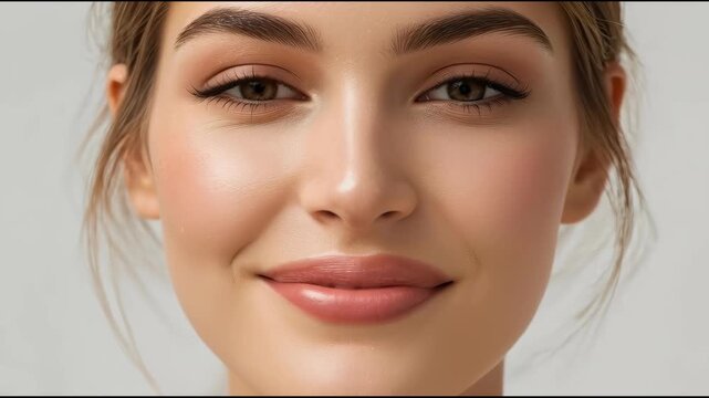Young woman close up portrait with natural soft makeup serene flawless skin and neutral expression