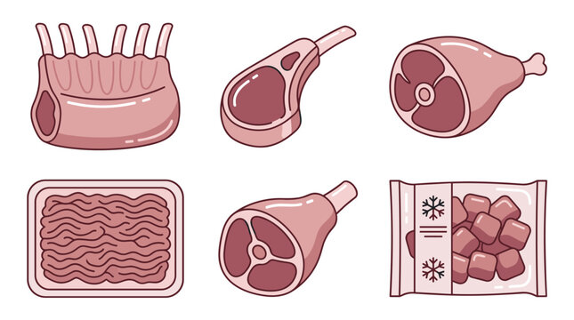 Set of meat cuts including rack of lamb, steak, ham and minced meat, detailed food icons for butcher shop menu, grocery store and culinary design
