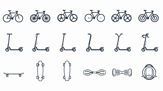 Bicycle, scooter and micro mobility sharing line icon set with skateboards, hoverboards and urban ride options, clean editable stroke vector collection for transit apps and sustainable city services