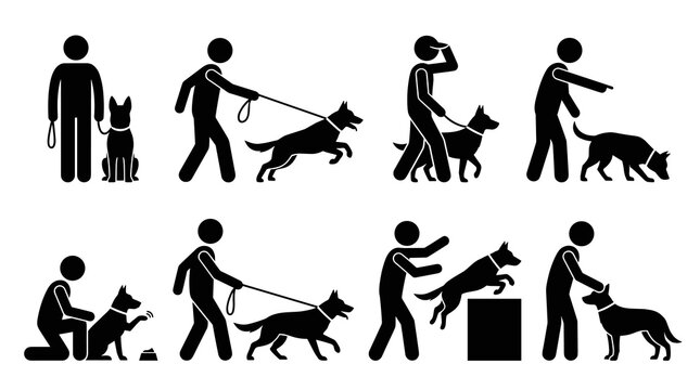 Set of black silhouette icons showing police dog training exercises, obedience drills, working canine handling, security patrol, K9 unit operations