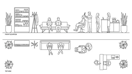 Obraz premium Minimal CAD architectural schematic featuring simple line art symbols for furniture and house planning elements, ideal for floor layout visualization