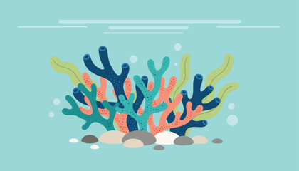 Obraz premium Beautiful underwater coral reef scene with colorful sea plants, tube sponges, and pebbles in crystal clear blue water.