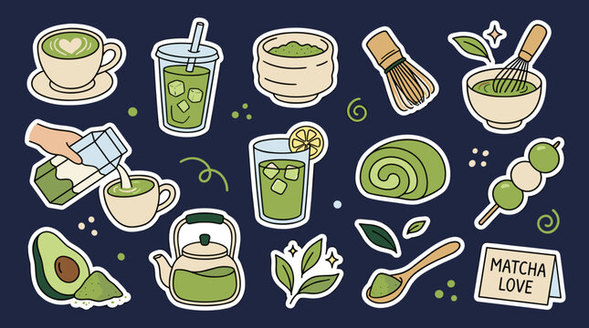 Set of matcha tea elements including whisk, bowls, green drinks, sweets, and snacks in a decorative hand drawn style