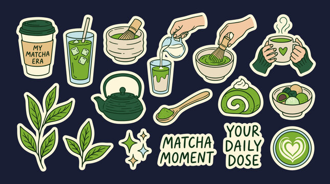 Set of matcha tea preparation icons including whisk, bowls, green tea leaves, and latte drinks, perfect for cafe menu designs or food stickers