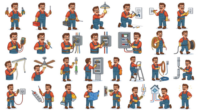 Electrician character constructor set with various actions and poses vector illustration.