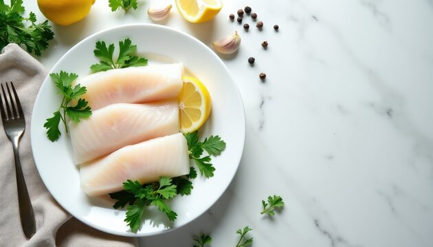 Fresh white cod fish fillets sit on ceramic plate with green herbs, yellow lemon slices. Raw seafood portion waits for cooking preparation on marble table surface. Healthy protein ingredient for