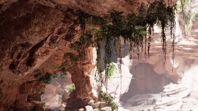A group of people is inside a large rock cave. Light comes from above, and various plants hang down from the walls. The cave has rough stone surfaces and a spacious area inside.
