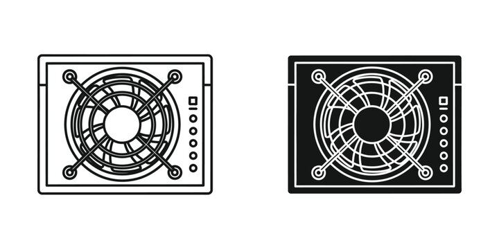 Computer Power Supply Unit with Fan in White and Black Outline Against White Background