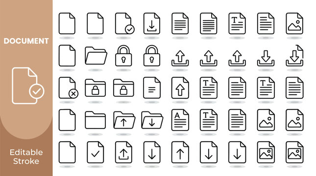 Vector line icon set of document and file management concepts, editable stroke design, data organization, sharing, and security art