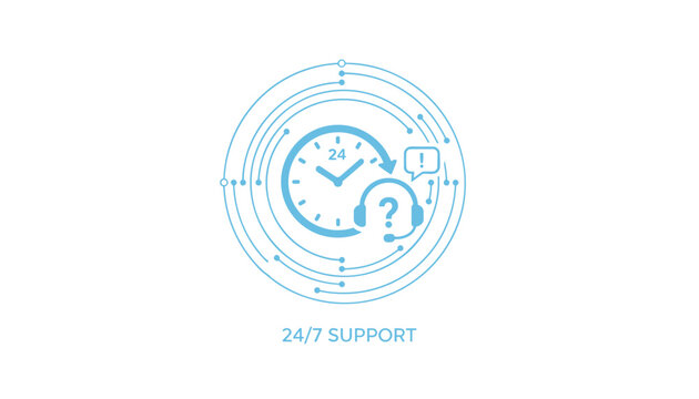 Blue tech 24 7 support helpline service logo with a headset, clock, question mark, and circular network rings.