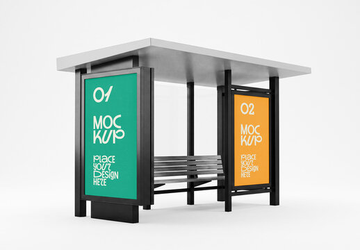 Bus Shelter Mockup with Two Advertising Panels on White Background