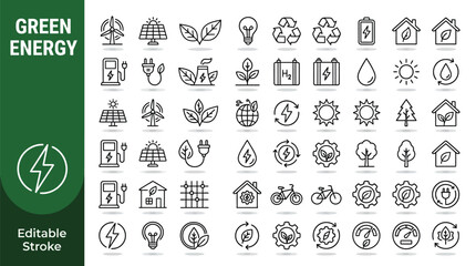 Vector line icon set of green energy and sustainability concepts, editable stroke design, renewable power, eco‑friendly, and environmental art