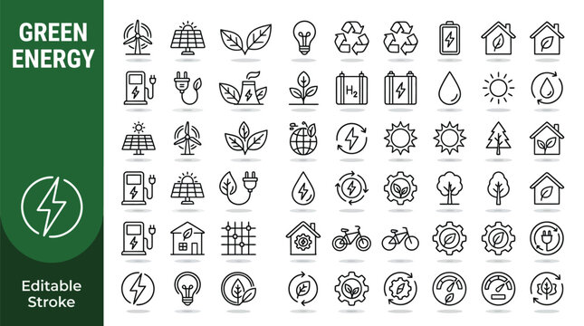 Vector line icon set of green energy and sustainability concepts, editable stroke design, renewable power, eco‑friendly, and environmental art