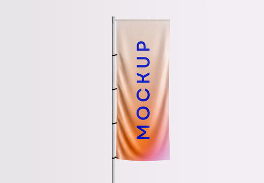 Vertical Flag Mockup on Pole with Gradient Fabric Design
