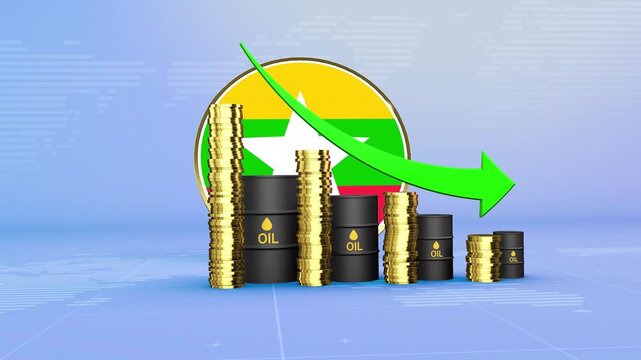 Myanmar Oil Prices Decline with Oil Barrels, Gold Coins and Downward Green Arrow, 3D Economic and Financial Market Concept