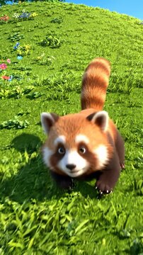 A red panda standing on green grassy hill with flowers.