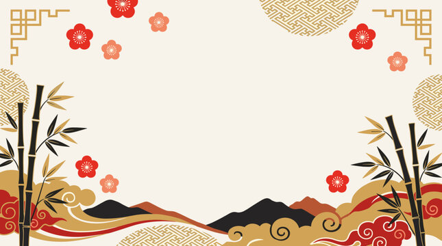 East asia frame with bamboo and flowers, traditional ornamental border featuring mountain landscape, cultural heritage, elegant oriental background