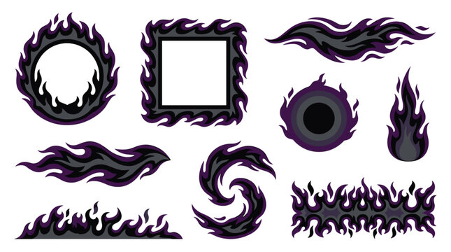 Collection of purple fire frames and magical flame elements, dark energy swirl, gothic borders, energy aura, fantasy game assets for UI design