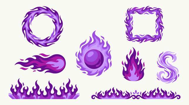 Set of purple fire elements and magical energy flares, glowing violet flame frames, swirling aura sparks, mystical spell effects for game design