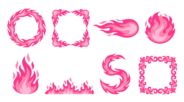 Set of pink fire flame elements, glowing magic energy shapes, decorative borders, fireball and campfire effects for game assets or digital interface