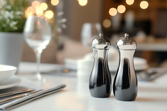 Salt and pepper shakers on a restaurant table. Dining condiments.