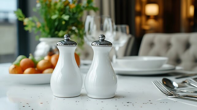 Salt and pepper shakers on a table. Dining condiments set.