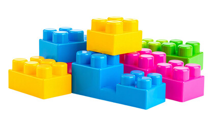 Fototapeta premium A vibrant collection of colourful plastic building blocks stacked and scattered creatively, glossy finish, rounded child-safe edges, isolated on transparent background.