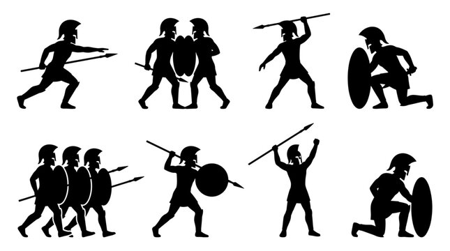 Set of silhouetted ancient greek warriors in various combat poses, including spearmen and shield bearers, on a plain background