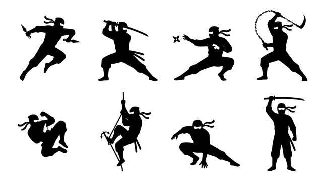Silhouetted ninja warriors in dynamic action poses with traditional weapons, martial arts stances, combat movements, black on white