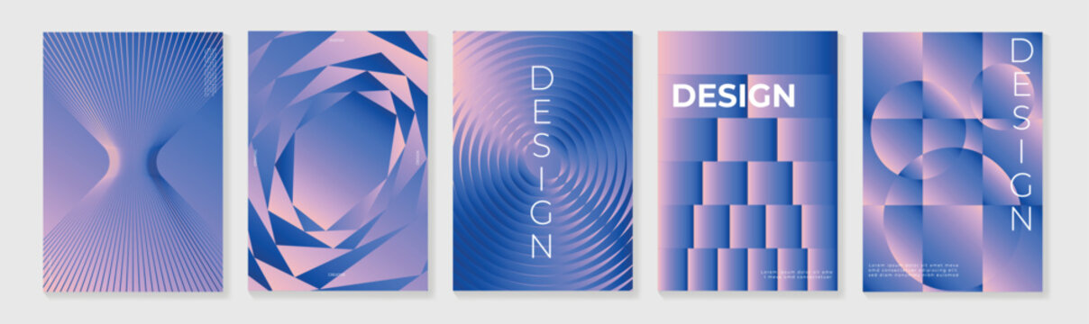 Abstract gradient geometric poster templates vector set. Modern futuristic optical illusion, halftone, swirl, wave, topographic, minimal geometric backgrounds. Design collection for cover, brochure.
