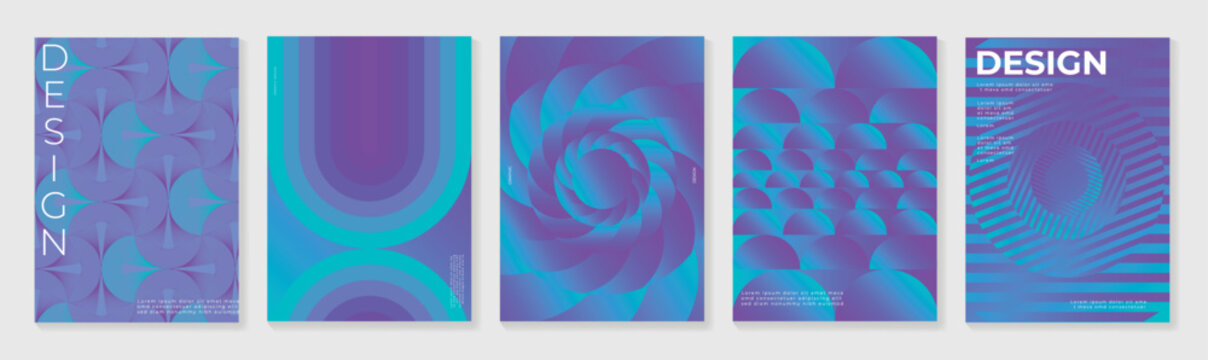 Abstract gradient geometric poster templates vector set. Modern futuristic optical illusion, halftone, swirl, wave, topographic, minimal geometric backgrounds. Design collection for cover, brochure.