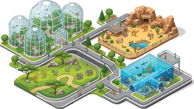 Isometric zoo park map with wildlife enclosures aquarium and bird aviary featuring diverse animals and walking paths in vector illustration style
