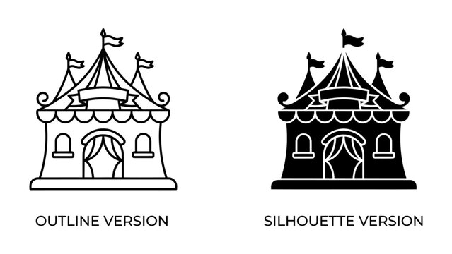 Circus Tent Icons: A set of stylized icons representing a circus tent, presented in both outline and silhouette versions, ready for use in graphic design projects.