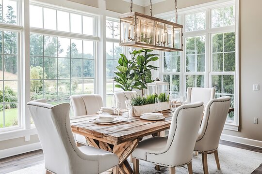 Elegant dining room interior. Modern house with wooden table and chairs