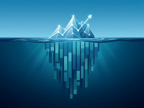 Digital iceberg showing financial growth trends with glowing upward arrows