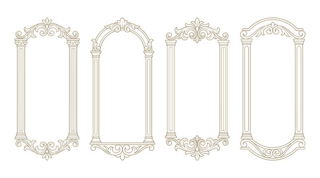 Set of four elegant baroque frames with intricate ornate borders, vintage filigree scrollwork, vector calligraphic elements for wedding stationery