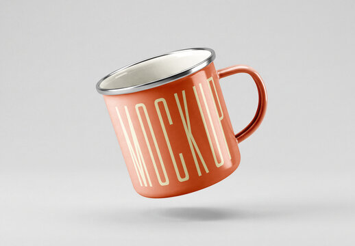 Floating Orange Enamel Mug Mockup with Shadow on White Background
