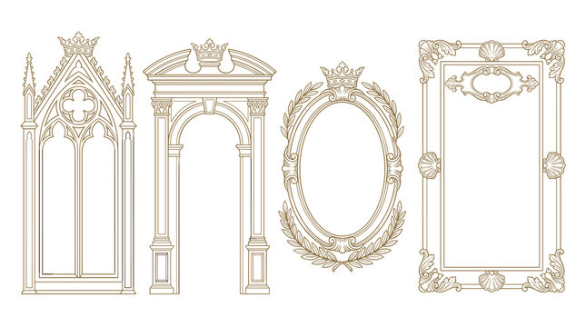 Set of baroque frame vector illustrations, ornate vintage border outlines for elegant stationery, scrapbooking and luxury invitations, decorative