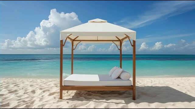 Beach canopy daybed white cushions on white sand with turquoise sea and cloud sky relaxing