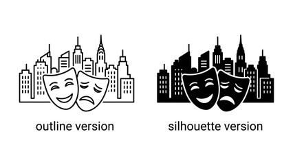 Fototapeta premium City of Emotions: A cityscape featuring stylized buildings is juxtaposed with classic theatre masks representing joy and sorrow, symbolizing the dual nature of urban life and artistic expression.