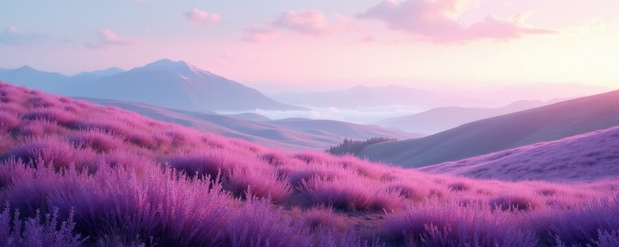 Purple blooming heather covers rolling hills in misty mountain valley. Vibrant floral landscape under pink sunset sky creates serene atmosphere. Soft natural light glows over wild heath plants.