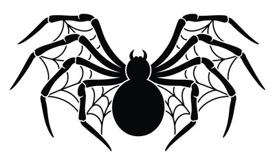 Halloween Spider Silhouette, Scary Arachnid With Web Details, Black Vector Illustration, Horror Decoration Design Elements © Birus Chiran