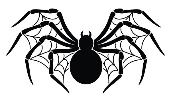 Halloween Spider Silhouette, Scary Arachnid With Web Details, Black Vector Illustration, Horror Decoration Design Elements