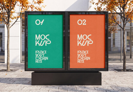 Double Panel Lightbox Sign Mockup on Autumn City Street
